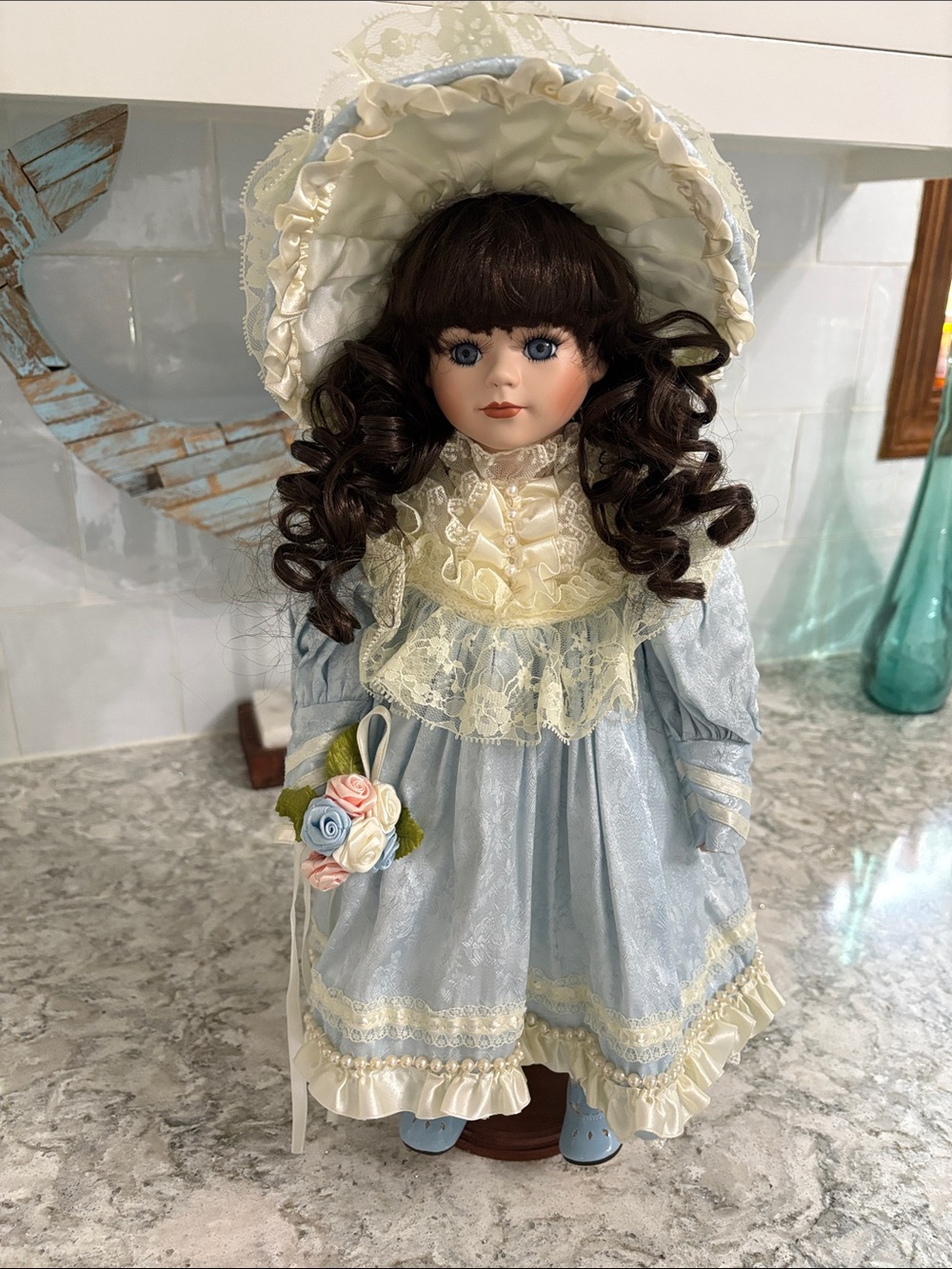 Porcelain Fashion Doll in Light Blue and Cream Dress